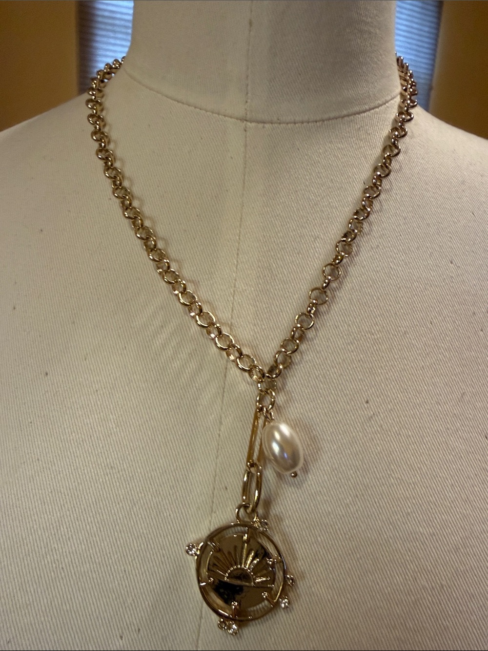 J. Crew Gold Chain Necklace with Pearl and Sunburst Charm